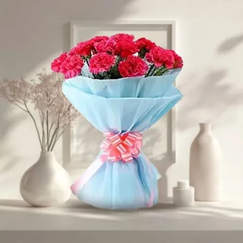 Deliver a petite Bouquet of Pink Carnations (tissue wrapped)