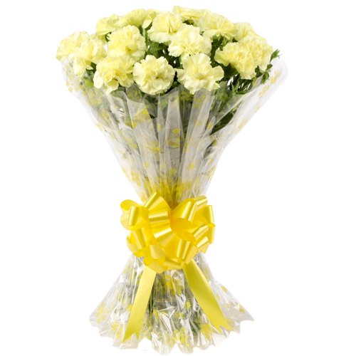 Now deliver this attractive Bunch of Yellow Carnations in a tissue wrapping Now deliver this attractive Bunch of Yellow Carnations in a tissue wrapping