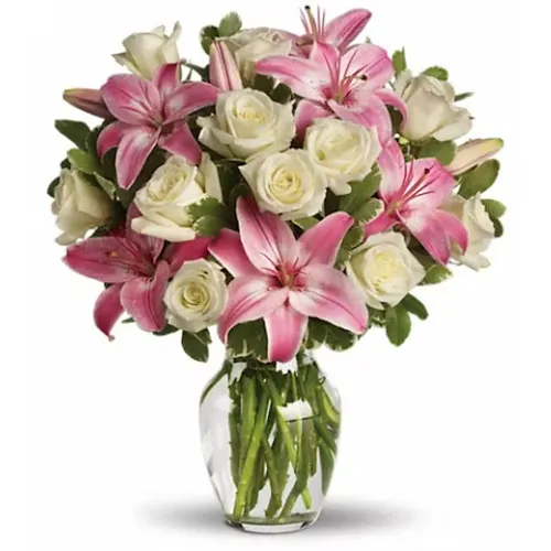 Striking Glass Vase display of White Roses N Pink Lilies

