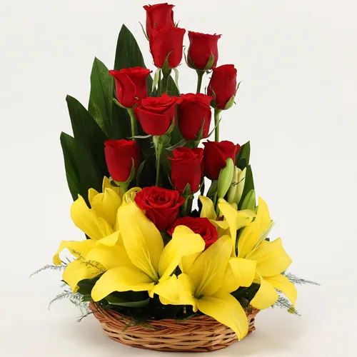 Wonderful Basket of Red Roses with Yellow Lilies

