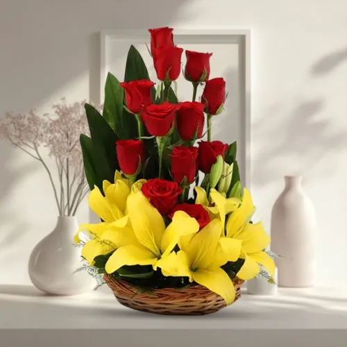 Wonderful Basket of Red Roses with Yellow Lilies
