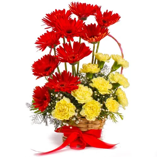 Stunning Basket of Red Gerberas with Yellow Carnations