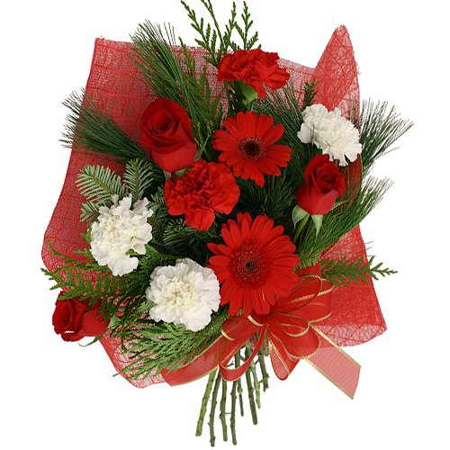Blossoming Red Gerberas, Red Roses with Red N White Carnations Bunch Blossoming Red Gerberas, Red Roses with Red N White Carnations Bunch