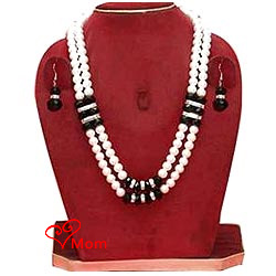 Designer Double Row Pearl Jewelry with American Diamonds and Black Stones Necklace Set with Matching Earrings Designer Double Row Pearl Jewelry with American Diamonds and Black Stones Necklace Set with Matching Earrings