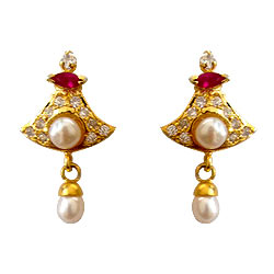 Bell Shaped Pink Stone and AD Studded Fresh Water Pearl Earring Set Bell Shaped Pink Stone and AD Studded Fresh Water Pearl Earring Set