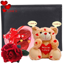 Exquisite Pure Leather Gents Wallet from Longhorn with 3 pcs Heart Shape Chocolate & I Love You Singing Teddy with Free Velvet Rose Exquisite Pure Leather Gents Wallet from Longhorn with 3 pcs Heart Shape Chocolate & I Love You Singing Teddy with Free Velvet Rose