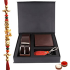 Elegant Gift Set of Wallet, Key Ring and Belt with Free Rakhi and Roli Tilak Chawal Elegant Gift Set of Wallet, Key Ring and Belt with Free Rakhi and Roli Tilak Chawal