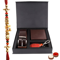 Elegant Gift Set of Wallet, Key Ring and Belt with Free Rakhi and Roli Tilak Chawal Elegant Gift Set of Wallet, Key Ring and Belt with Free Rakhi and Roli Tilak Chawal