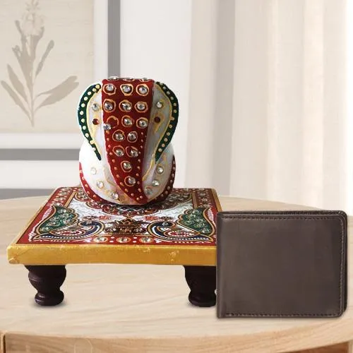 Pious Ganesh Marble Chowki with a Leather Wallet for Gents Pious Ganesh Marble Chowki with a Leather Wallet for Gents
