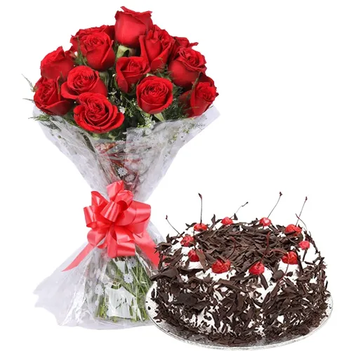 12 Red Rose Bunch with Black Forest Cake