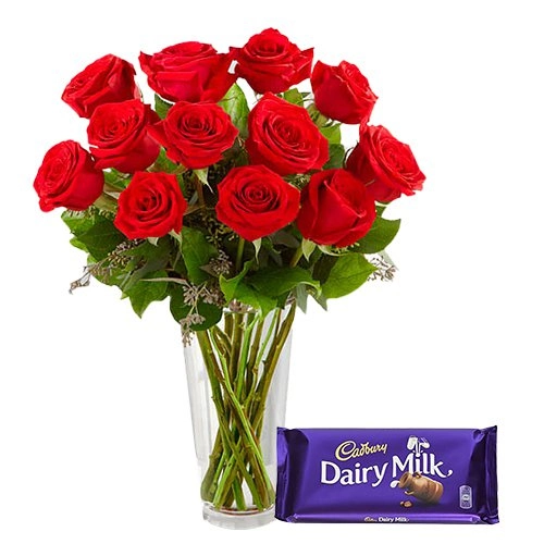 Exclusive Dutch Red Roses in Vase with free Cadburys Chocolate