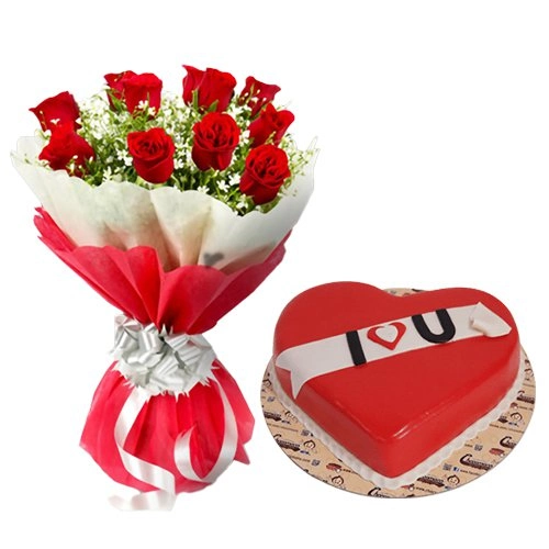 Exclusive Dutch Red Roses Bouquet with Heart Shaped Cake