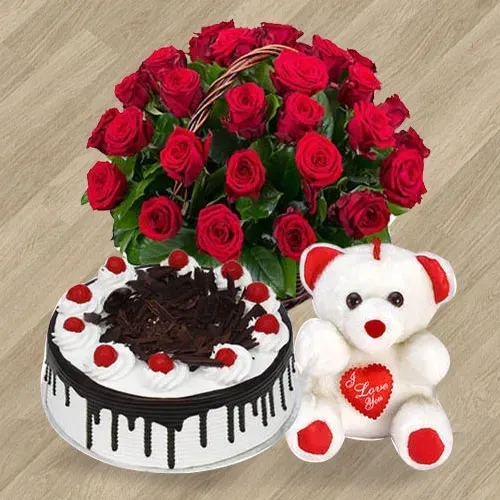 25 Red Roses with 1 Lbs. Black Forest Cake and a Teddey Bear