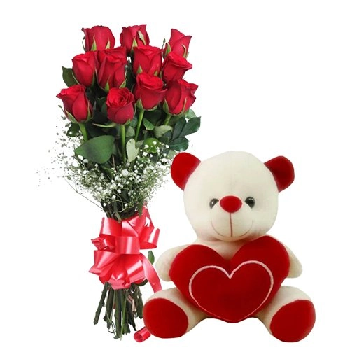 12 Exclusive Dutch Red Roses Bunch with Cute Love Teddy Bear