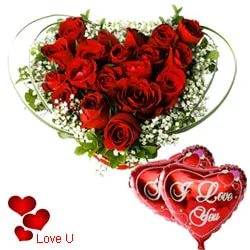 Dutch Red Roses in Heart Shape Arrangement with 2 Heart Shape Balloons