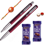 Pen set from Parker with Rakhi with Chocolate and Roli Tilak Chawal Pen set from Parker with Rakhi with Chocolate and Roli Tilak Chawal