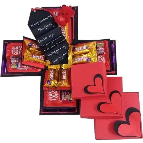 Exclusive 3 Layer Explosion Box of Chocolates, Teddy n Personalized Messages