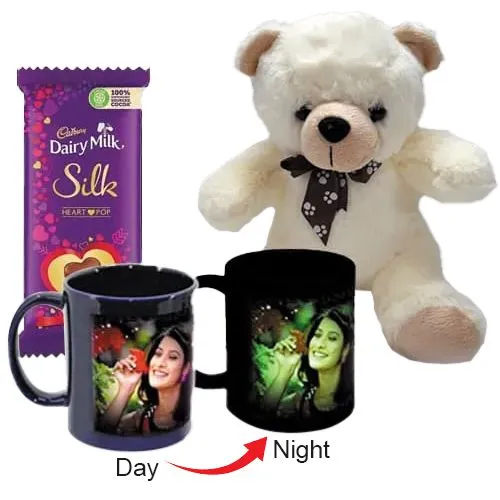 Stunning Personalized Photo Radium Mug with Teddy n Heart Chocolates