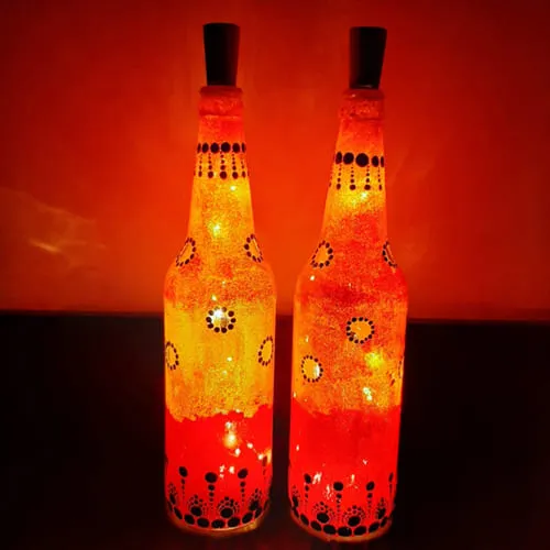 Vibrant Pair of Handmade Dot Mandala Art LED Bottle Lamp