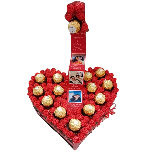 Astonishing Heart of Personalized Photos n Ferrero Rocher with Art Roses n LED Lights