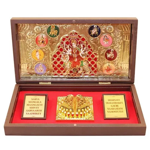 Holy Gift of Gold Plated NavDurga Photo N Charan Paduka