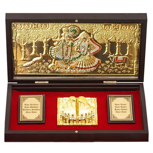 Auspicious Gold Plated Radha Krishna Idol with Charan Paduka Auspicious Gold Plated Radha Krishna Idol with Charan Paduka