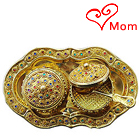 Designer Colorful Stone engraved 2pcs Golden Supari Dabbi and Tray Set Designer Colorful Stone engraved 2pcs Golden Supari Dabbi and Tray Set