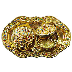 Designer Colorful Stone engraved 2pcs Golden Supari Dabbi and Tray Set Designer Colorful Stone engraved 2pcs Golden Supari Dabbi and Tray Set