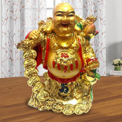 Laughing budha Standing with holding Ru Yi & ingot in left hand along with golden coins Laughing budha Standing with holding Ru Yi & ingot in left hand along with golden coins