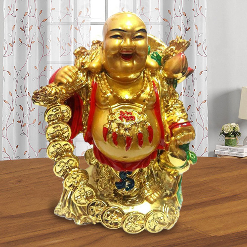 Laughing budha Standing with holding Ru Yi & ingot in left hand along with golden coins Laughing budha Standing with holding Ru Yi & ingot in left hand along with golden coins
