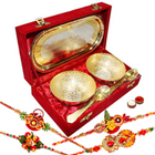Outstanding Two Tone Tray Bowl Gift Set with 4 Designer Rakhi and Roli Tilak Chawal Outstanding Two Tone Tray Bowl Gift Set with 4 Designer Rakhi and Roli Tilak Chawal