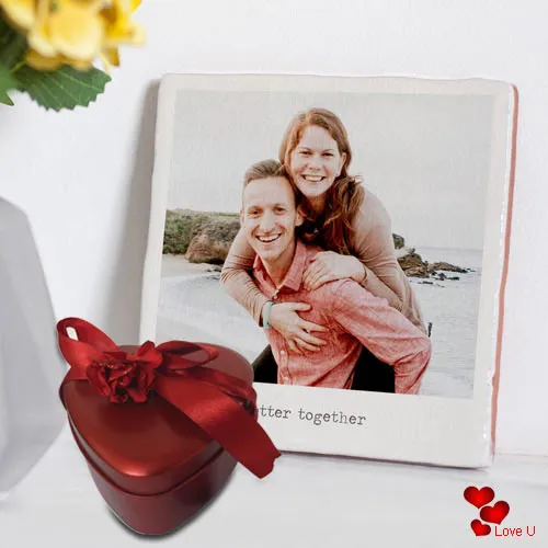 Stylish Personalized Photo Tile with Heart Shape Hand Made Chocolates