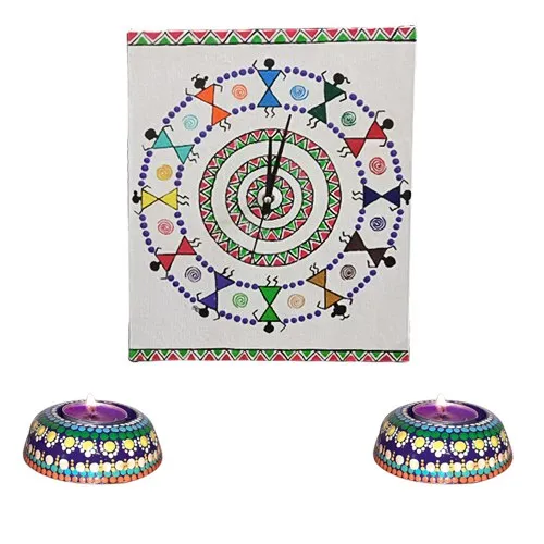 Attractive Warli Art Wall Clock with Twin Dot Mandala Art Diya (Handmade)