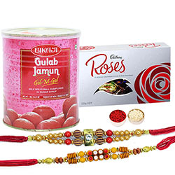 Winsome Combo Of 2 Rakhi With Cadbury Roses N Bikaji Gulab Jamun Winsome Combo Of 2 Rakhi With Cadbury Roses N Bikaji Gulab Jamun