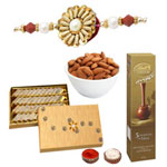 Arresting Rakhi Combo With Almonds Raw, Kaju Roll And Lindor Chocolate Arresting Rakhi Combo With Almonds Raw, Kaju Roll And Lindor Chocolate