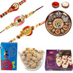 Three Aesthetic Rakhi Along With Pooja Thali, Cadbury Chocolate, Soan Papdi And Dry Fruits. Three Aesthetic Rakhi Along With Pooja Thali, Cadbury Chocolate, Soan Papdi And Dry Fruits.