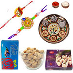 Brightful Combo Of 2 Rakhi Set Along With Pooja Thali, Cadbury Roses, Soan Papdi N Dry Fruits Brightful Combo Of 2 Rakhi Set Along With Pooja Thali, Cadbury Roses, Soan Papdi N Dry Fruits