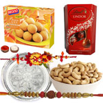 Lovely Rakhi Set With Cashew, Lindor Chocolates N Laddoo Lovely Rakhi Set With Cashew, Lindor Chocolates N Laddoo