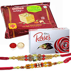 Pretty Rakhi with Cadbury Roses N Soan Papdi Pretty Rakhi with Cadbury Roses N Soan Papdi