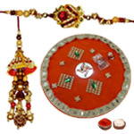 Impressive Combo of Decorative Puja Thali with One Bhaiya Bhabhi Rakhi Set Impressive Combo of Decorative Puja Thali with One Bhaiya Bhabhi Rakhi Set