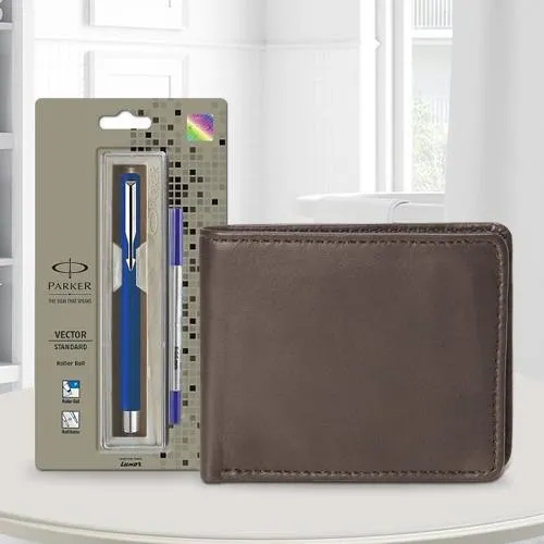 Classic Parker Vector Standard Ball Pen with a Brown Leather Wallet