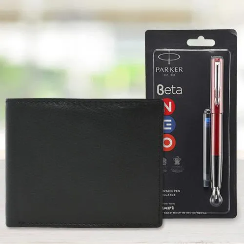 Amazing Parker Beta Ball Pen with a Leather Wallet for Men