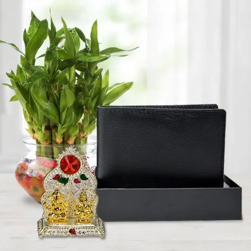 Beautiful Good Luck Bamboo Plant with a Gents Leather Wallet n Laxmi Ganesh Mandap