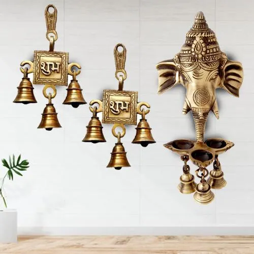 Exclusive Ganesha Wall Hanging Deepak with Bells N Shubh Labh Hanging Bells
