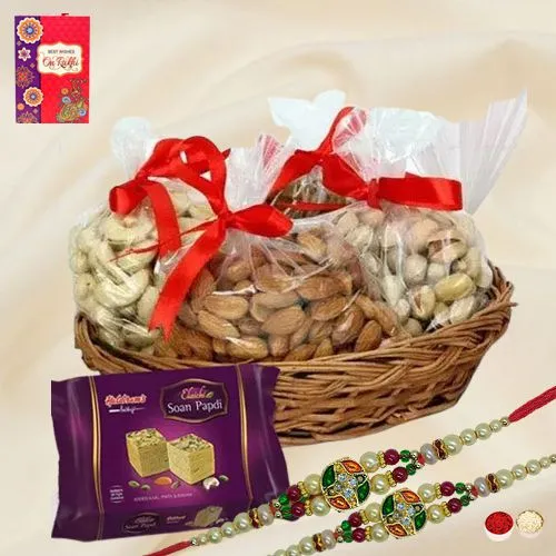 Attractive Stone Rakhi Pair with Exotic Dry Fruits n Sweets