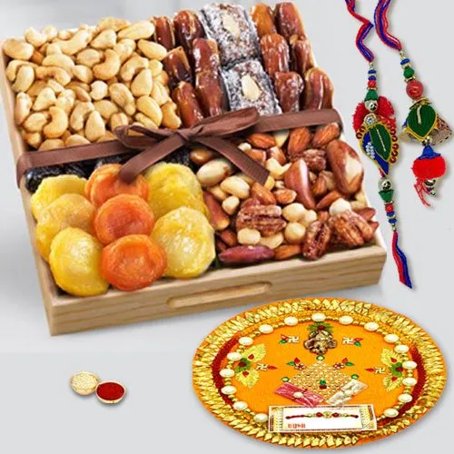 Ecstatic Lumba Rakhi Set with Dry Fruits Tray N Shree Rakhi Thali
