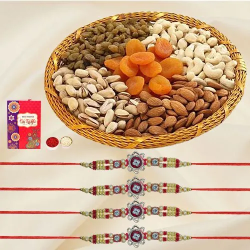 Glamorous Set of 4 Rakhis with Dry Fruit Basket, Roli Teeka n Card