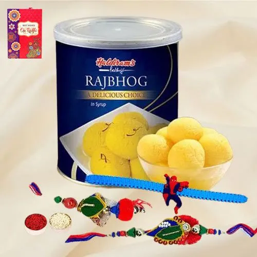 Pretty Family Rakhi Set N Haldirams Raj Bhog, Free Roli Tika N Card