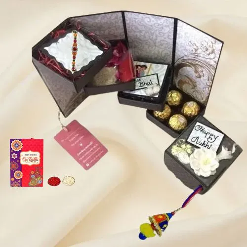 Stylish Handmade 4 Layer Stepper Box of Chocolates with Rakhi