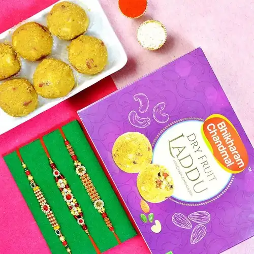 Alluring AD Rakhi n Dry Fruit Laddu Gift Combo